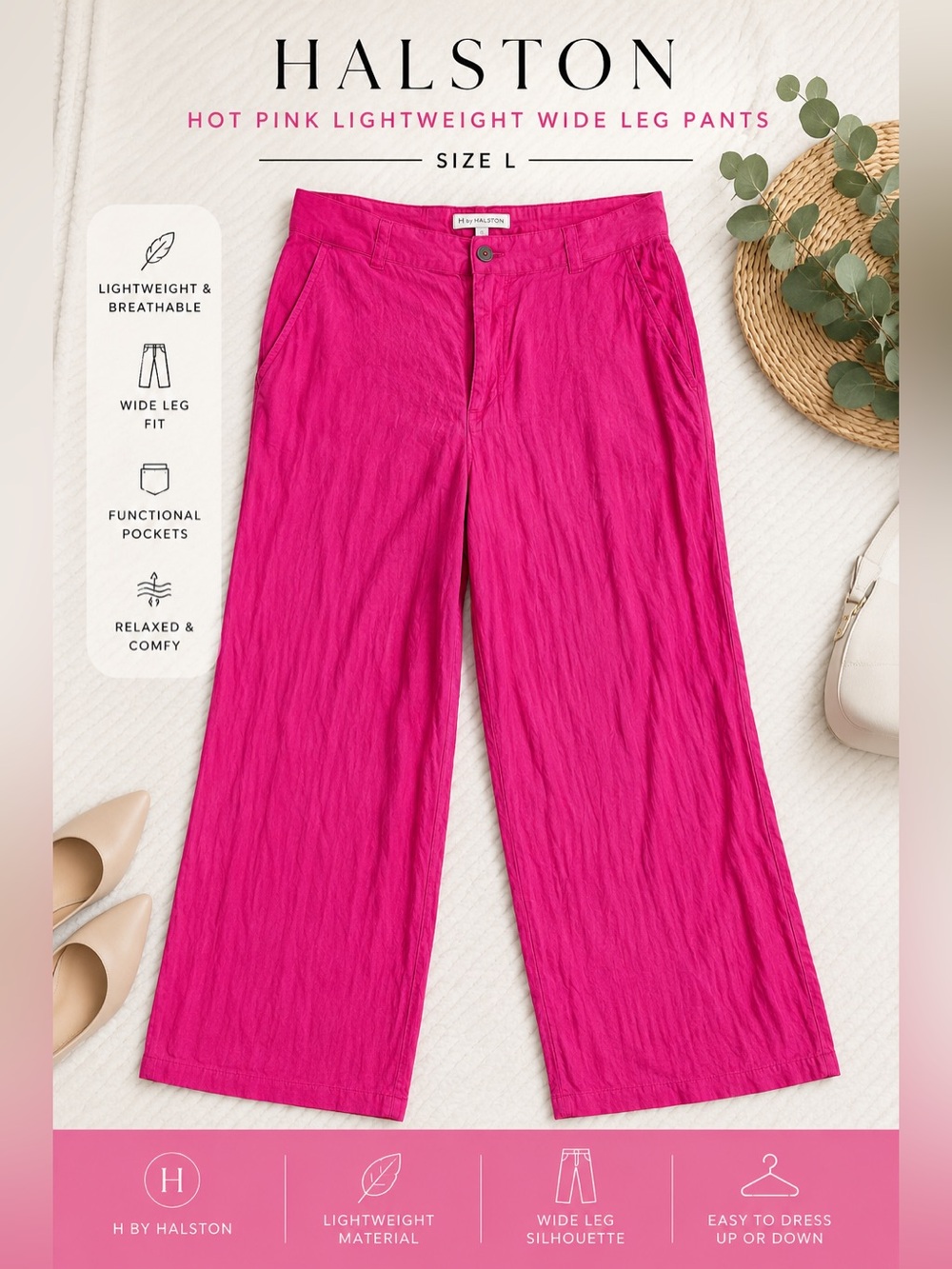 Halston Hot Pink Lightweight Wide Leg Pants Size